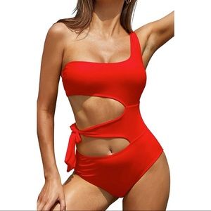 One-Shoulder Red Cutout Swimsuit